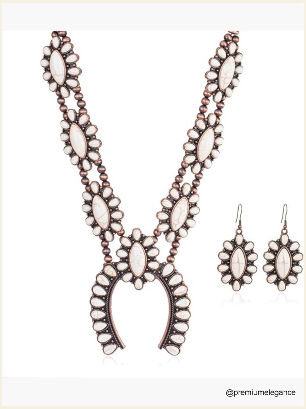 Western Turquoise Squash Blossom Necklace Earring Set Cowgirl Vintage Collar